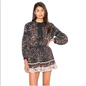 Ulla Johnson Floral Bird Print Silk Navy Drawstring Flowy Mini Skirt Size 6